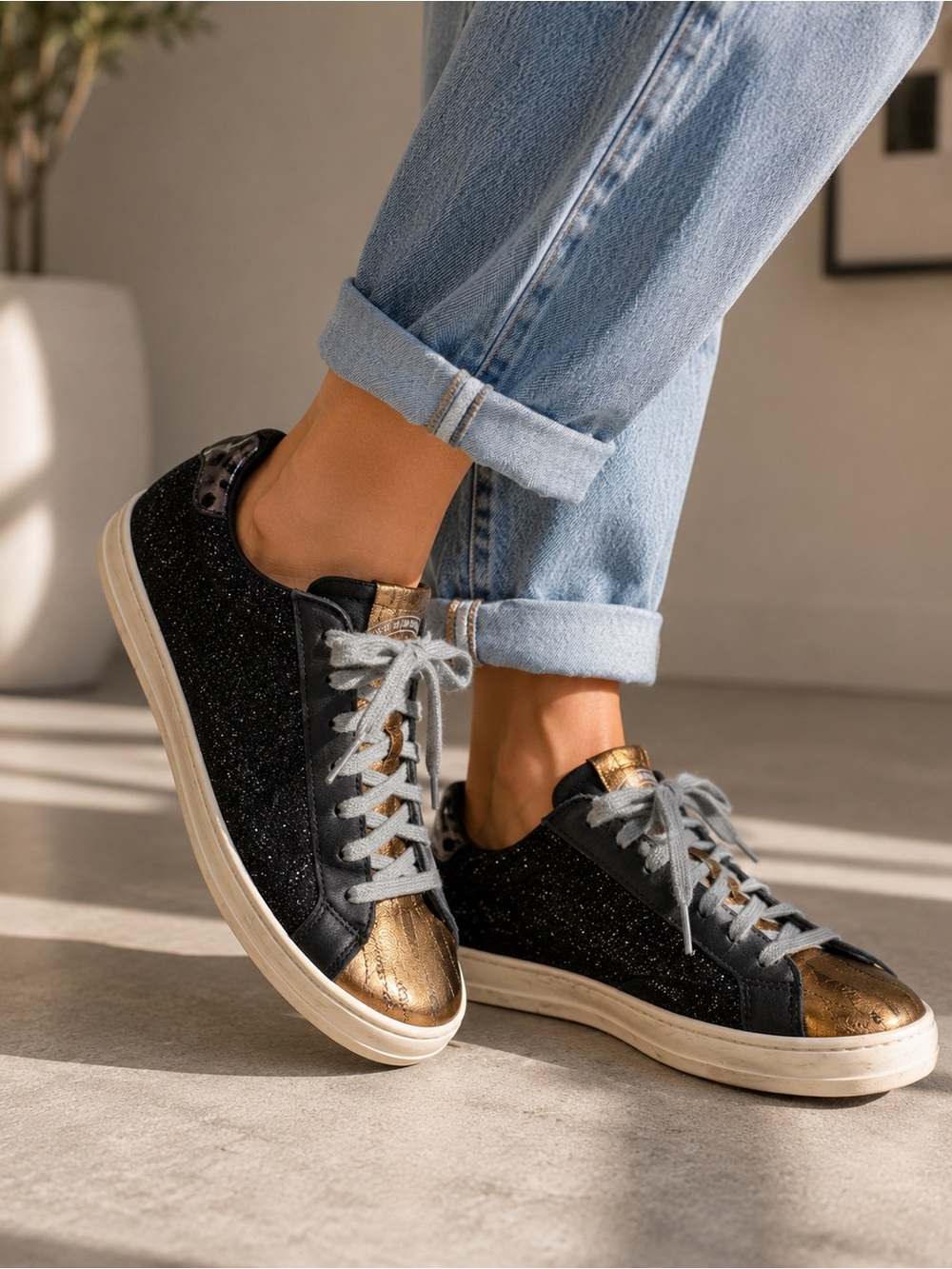 P448 John Glitter Black and Gold Low Top Sneakers Womens Size: 38 US: 8